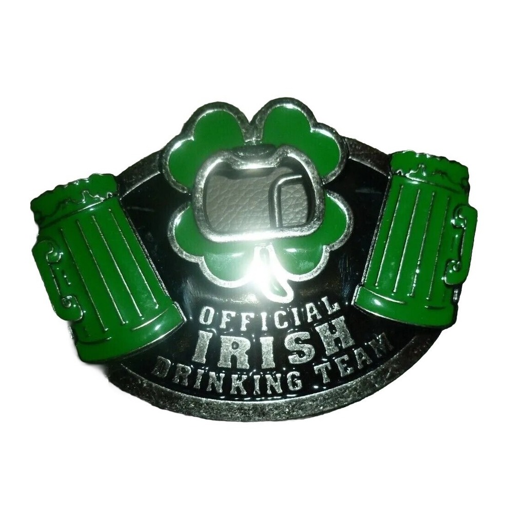 Official Irish Drinking Team Belt Buckle Bottle Opener Shamrock Beer Steins Vtg